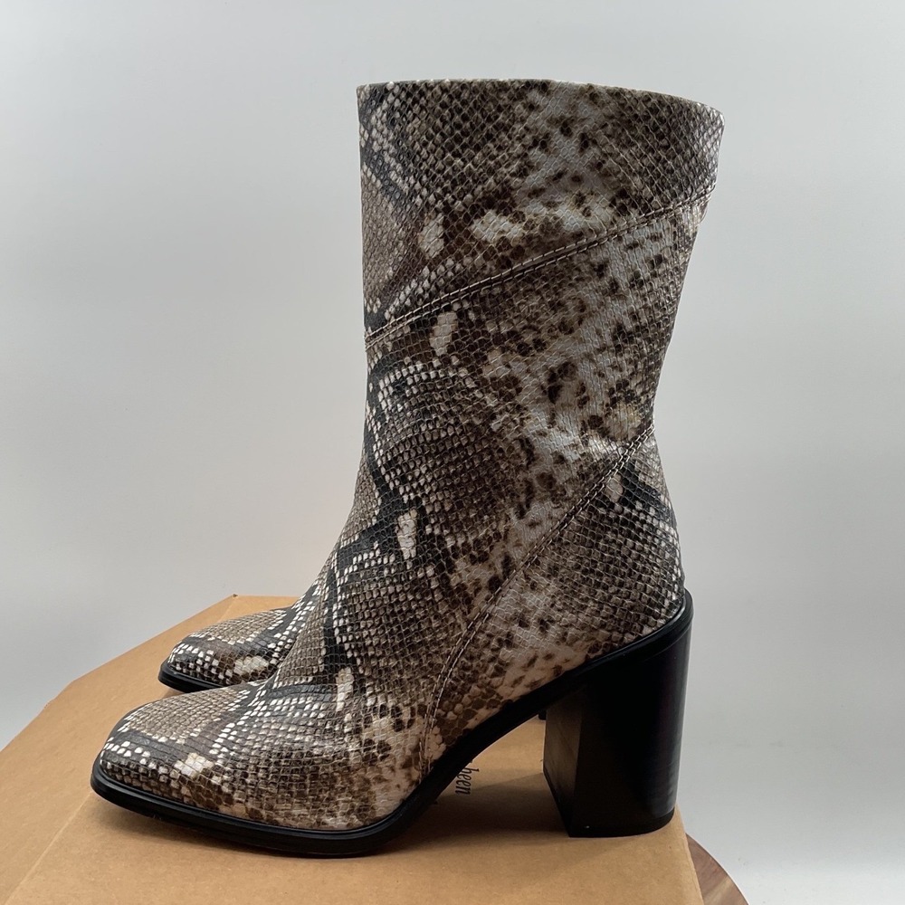 Franco sarto Snake Print Square Toe Block Heel Ankle Boots Brown Size 7.5M